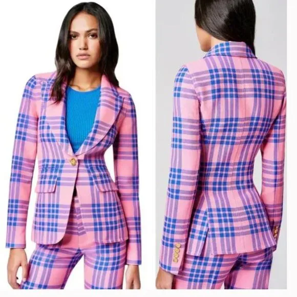 New Smythe Hutton Tailored Cotton Plaid Cutaway Blazer Carnation Pink Plaid Sz6 - Picture 1 of 9